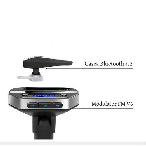Modulator FM auto cu casca bluetooth 4.2 incorporata, V6 Handsfree