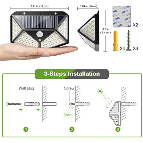 Lampa solara de perete cu 4 fete, senzor de miscare, 100 LED-uri, BK-100